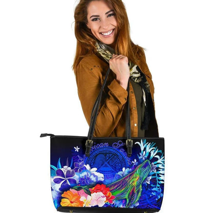 American Samoa Polynesian Leather Tote Bag Humpback Whale With Tropical Flowers Blue