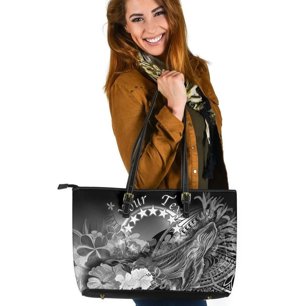 Cook Islands Custom Personalised Leather Tote Bag Humpback Whale With Tropical Flowers White