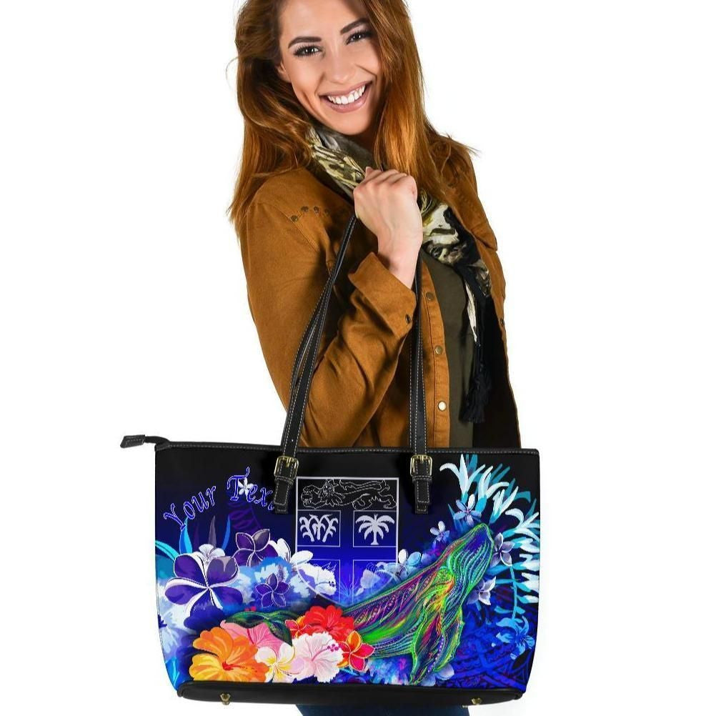 Fiji Custom Personalised Leather Tote Bag Humpback Whale With Tropical Flowers Blue