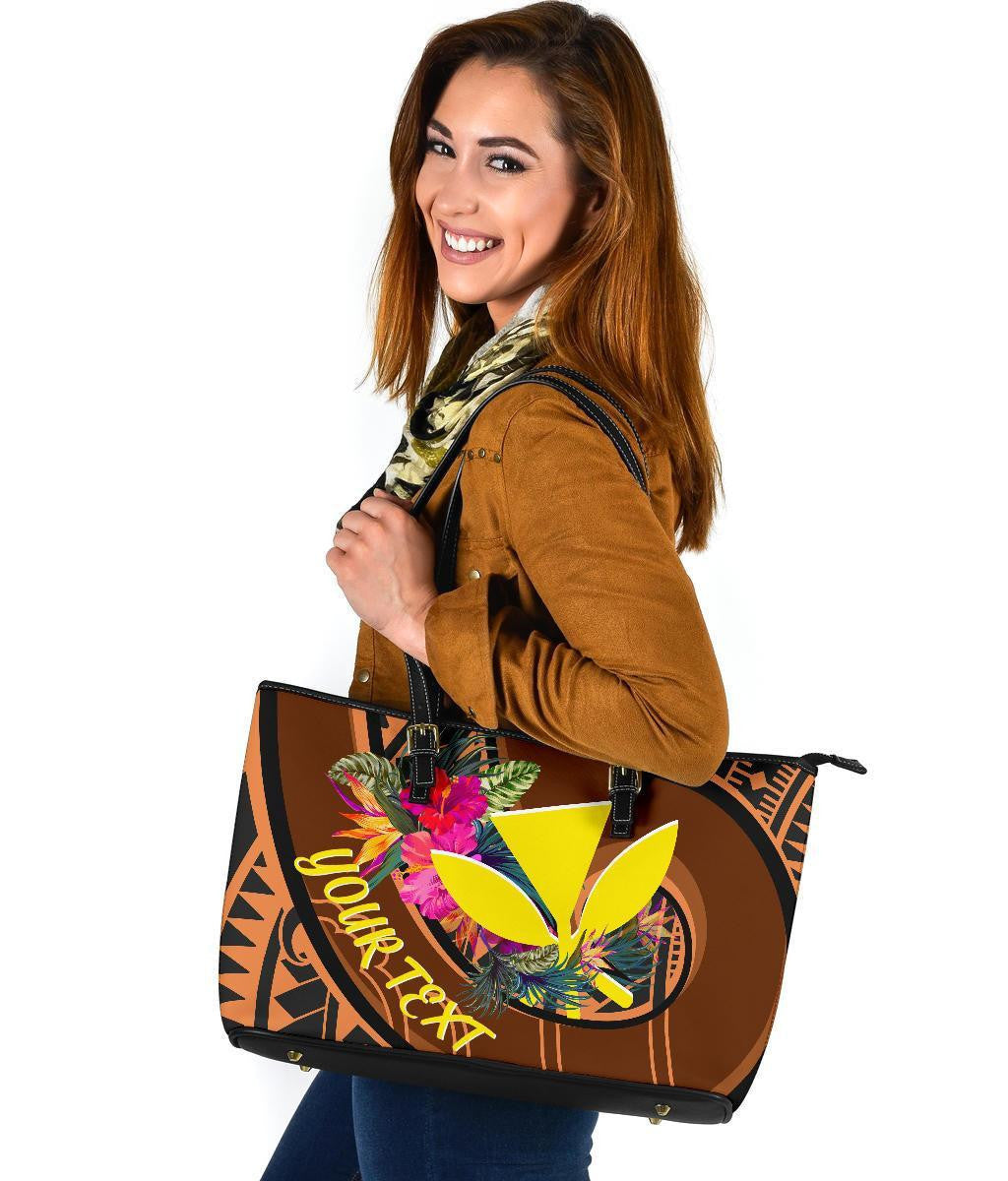 Hawaii Kanaka Maoli Personalised Leather Tote Bag Polynesian Hook And Hibiscus