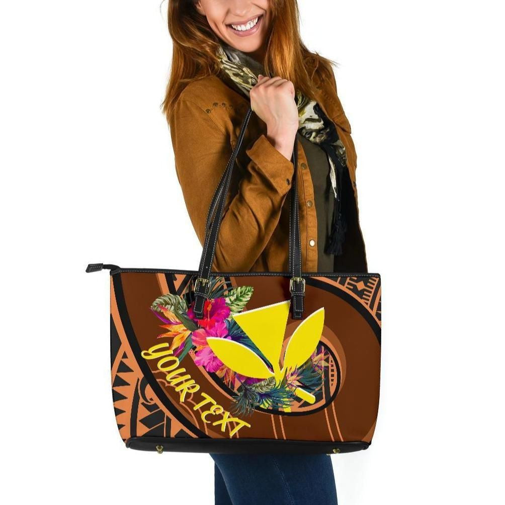 Hawaii Kanaka Maoli Personalised Leather Tote Bag Polynesian Hook And Hibiscus