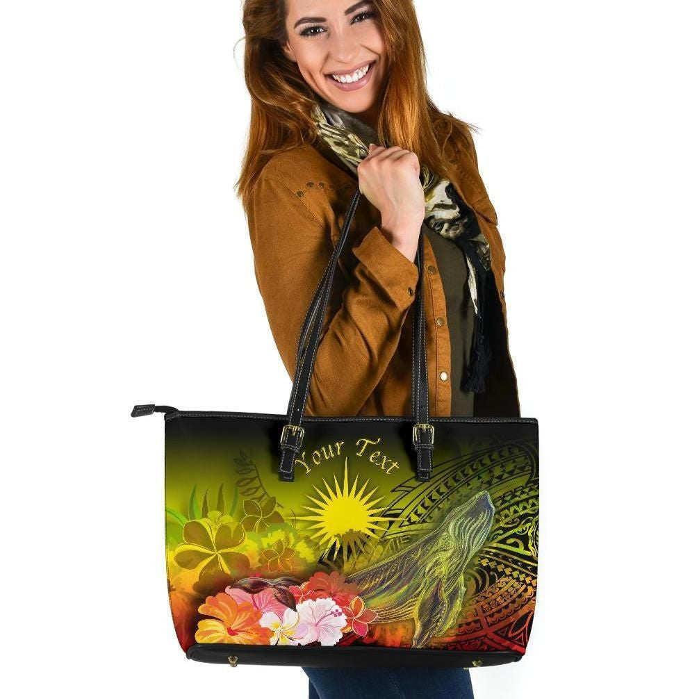 Marshall Islands Custom Personalised Leather Tote Bag Humpback Whale With Tropical Flowers Yellow