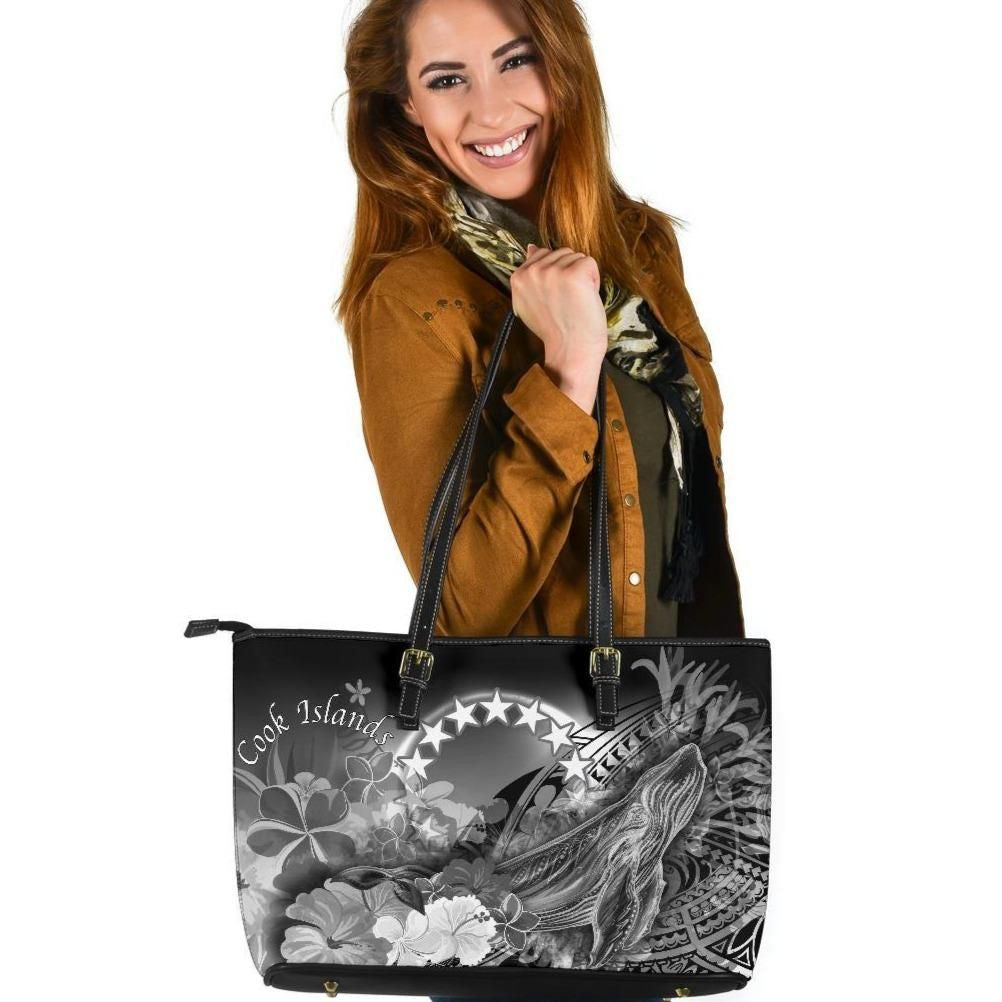 Cook Islands Leather Tote Bag Humpback Whale With Tropical Flowers White