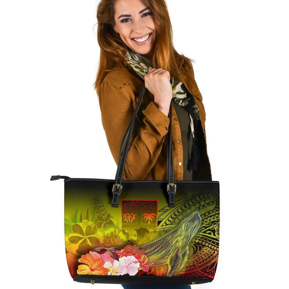 Fiji Leather Tote Bag Humpback Whale With Tropical Flowers Yellow