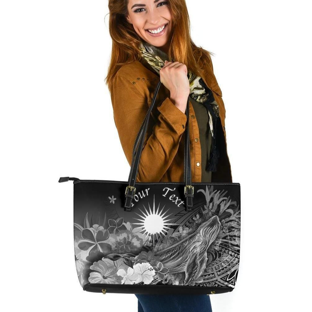 Marshall Islands Custom Personalised Leather Tote Bag Humpback Whale With Tropical Flowers White