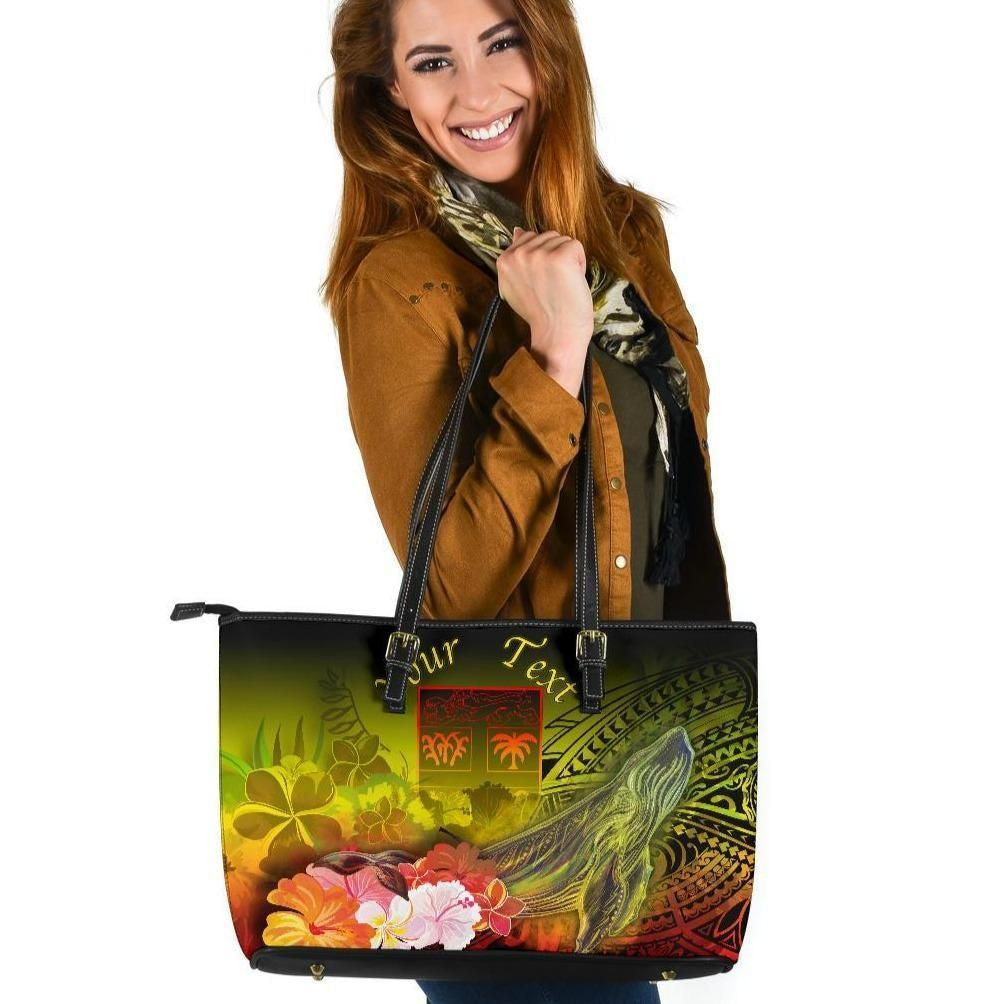 Fiji Custom Personalised Leather Tote Bags Humpback Whale With Tropical Flowers Yellow