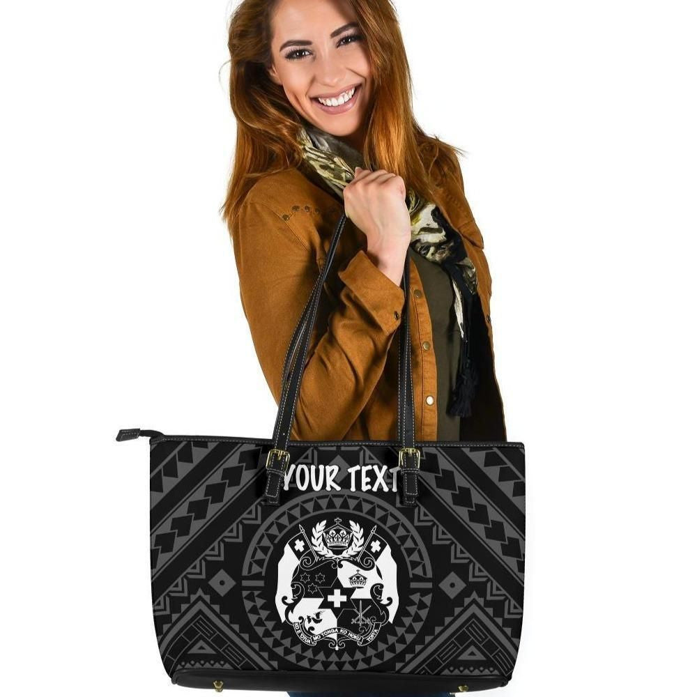 Tonga Personalised Leather Tote Bag Tonga Seal With Polynesian Tattoo Style Black