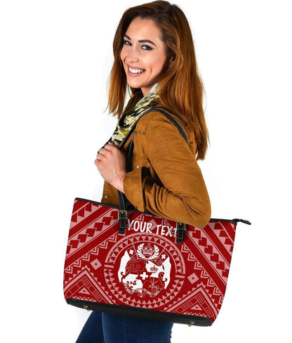 Tonga Personalised Leather Tote Bag Tonga Seal With Polynesian Tattoo Style Red