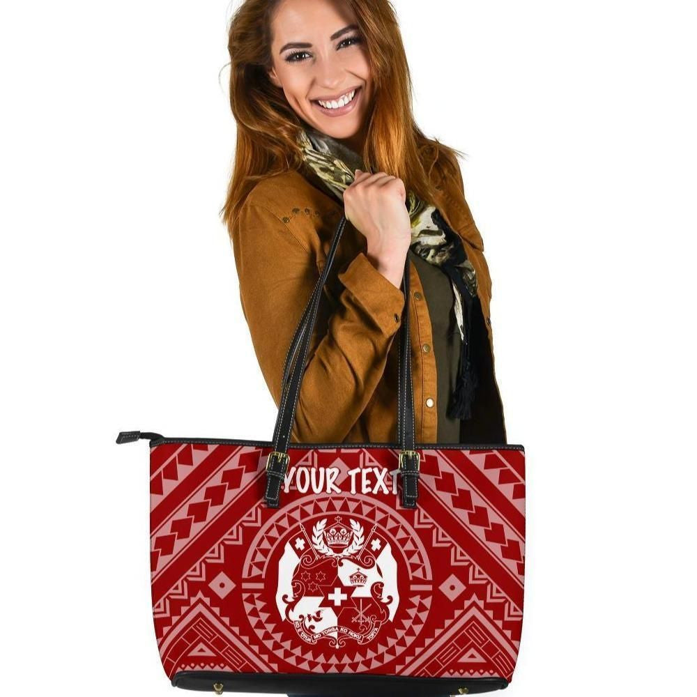 Tonga Personalised Leather Tote Bag Tonga Seal With Polynesian Tattoo Style Red