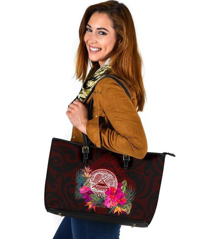 American Samoa Leather Tote Bag Coat Of Arm With Polynesian Patterns