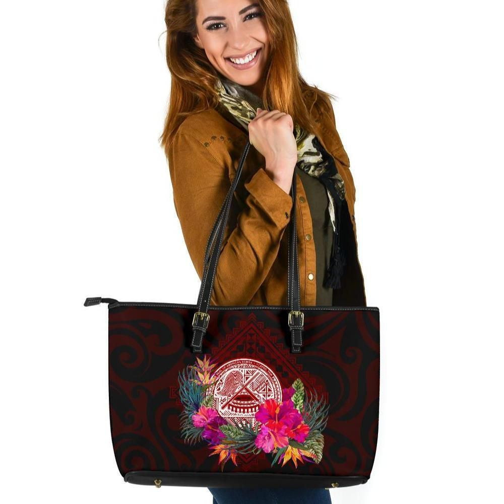 American Samoa Leather Tote Bag Coat Of Arm With Polynesian Patterns