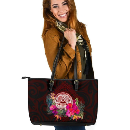 American Samoa Leather Tote Bag Coat Of Arm With Polynesian Patterns
