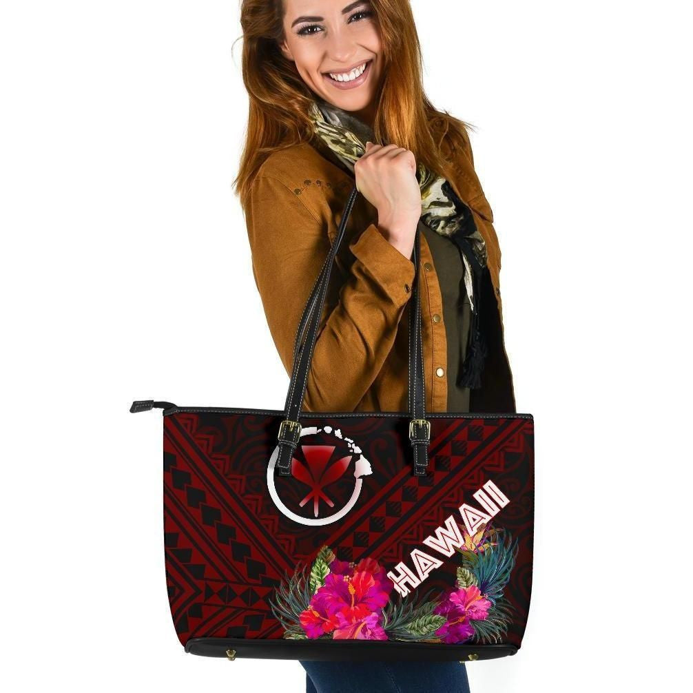 Hawaii Leather Tote Bag Kanaka Maoli With Hibiscus On Polynesian Patterns Red
