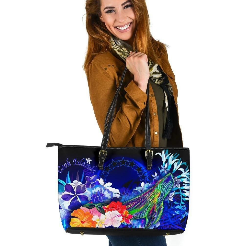 Cook Islands Leather Tote Bag Humpback Whale With Tropical Flowers Blue