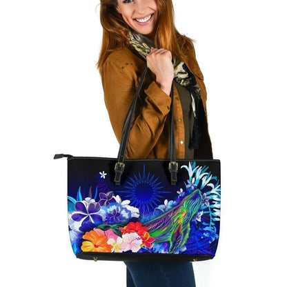 Marshall Islands Leather Tote Bag Humpback Whale With Tropical Flowers Blue