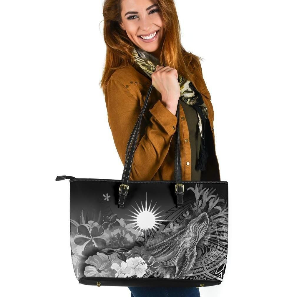 Marshall Islands Leather Tote Bag Humpback Whale With Tropical Flowers White
