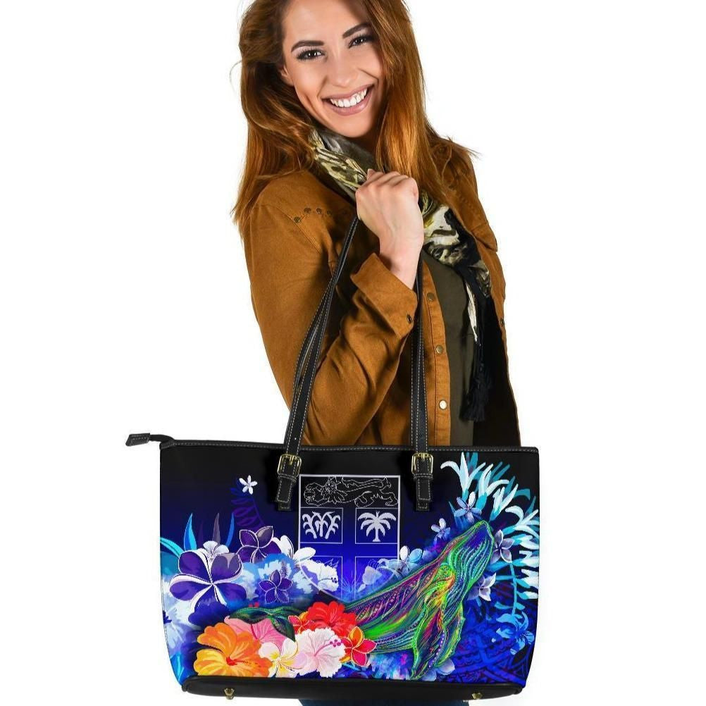 Fiji Leather Tote Bag Humpback Whale With Tropical Flowers Blue