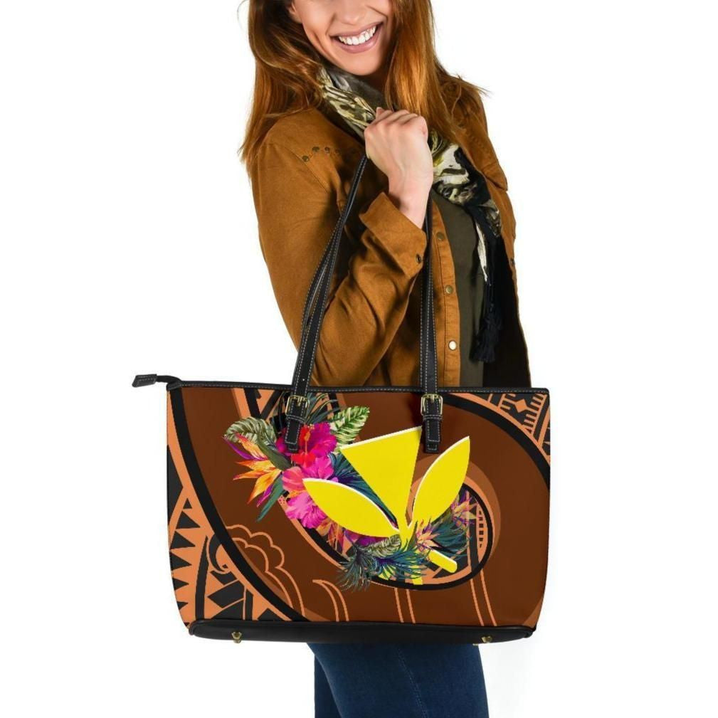 Hawaii Kanaka Maoli Leather Tote Bag Polynesian Hook And Hibiscus