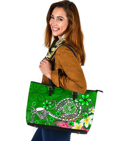Tahiti Leather Tote Bag Turtle Plumeria Green