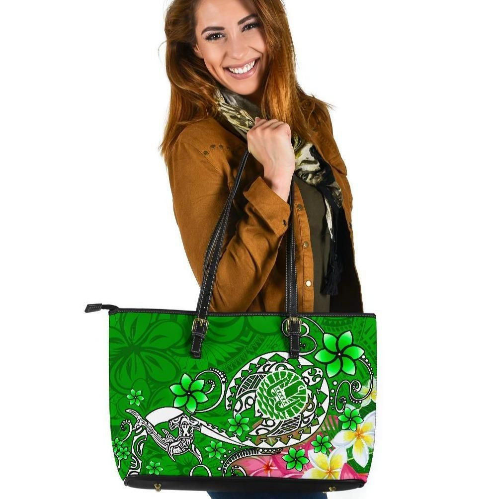 Tahiti Leather Tote Bag Turtle Plumeria Green