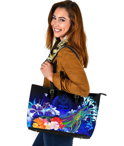 Guam Leather Tote Bag Humpback Whale With Tropical Flowers Blue