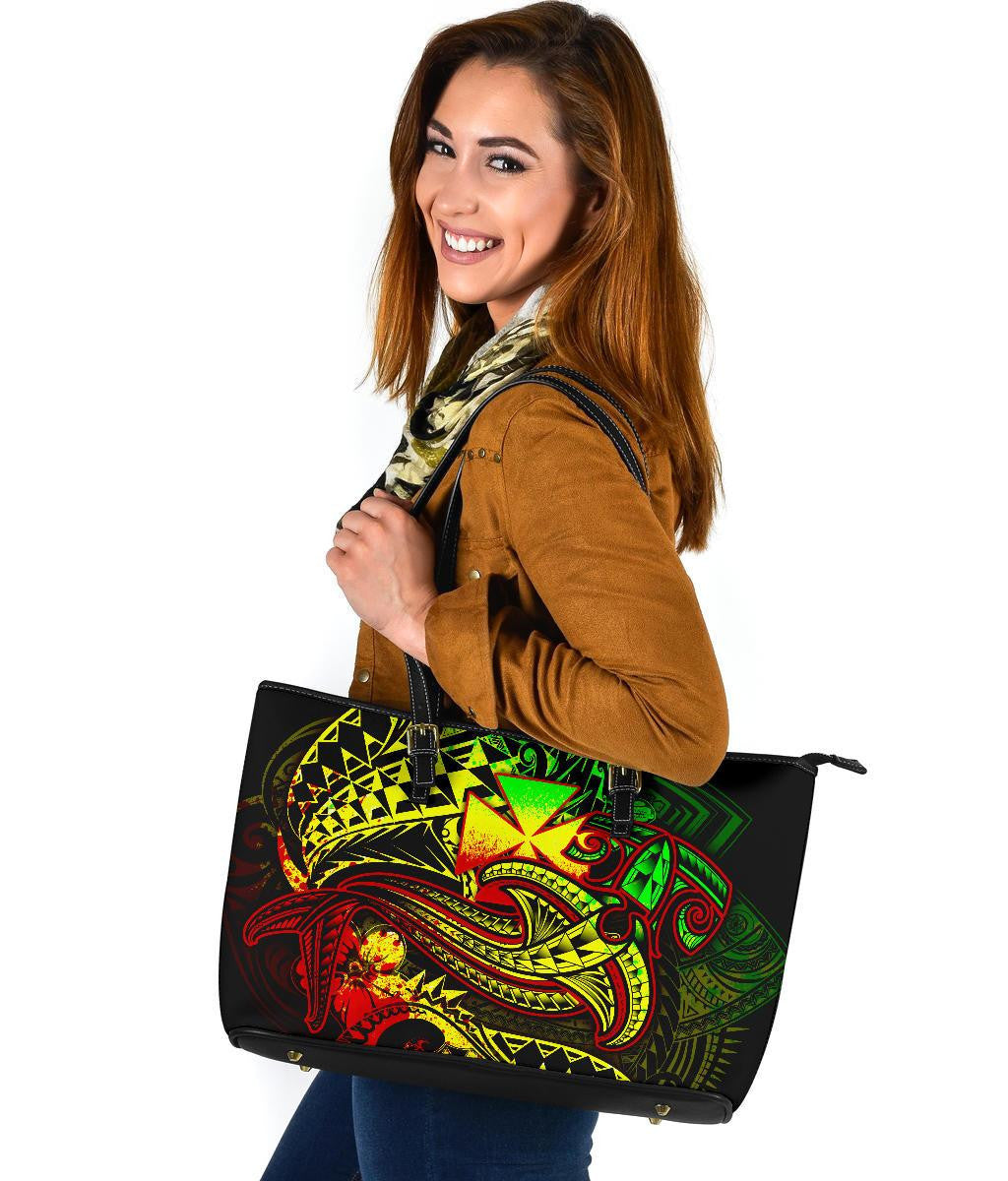 Wallis And Futuna Leather Tote Bag Reggae Shark Polynesian Tattoo