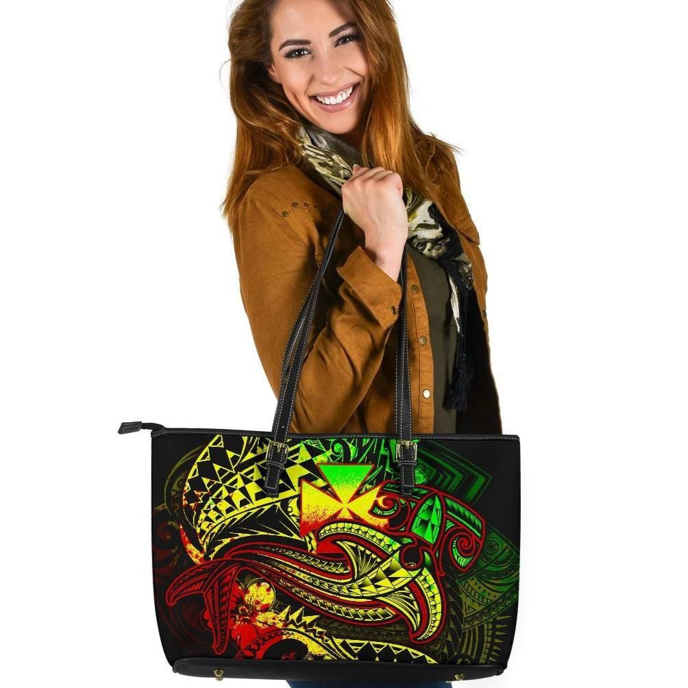 Wallis And Futuna Leather Tote Bag Reggae Shark Polynesian Tattoo