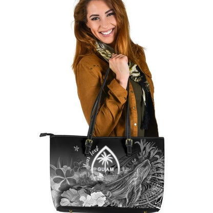 Guam Custom Personalised Leather Tote Bag Humpback Whale With Tropical Flowers White