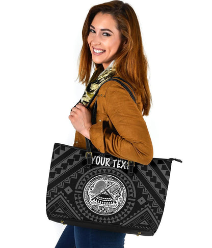 American Samoa Personalised Leather Tote Bag Seal In Polynesian Tattoo Style Black