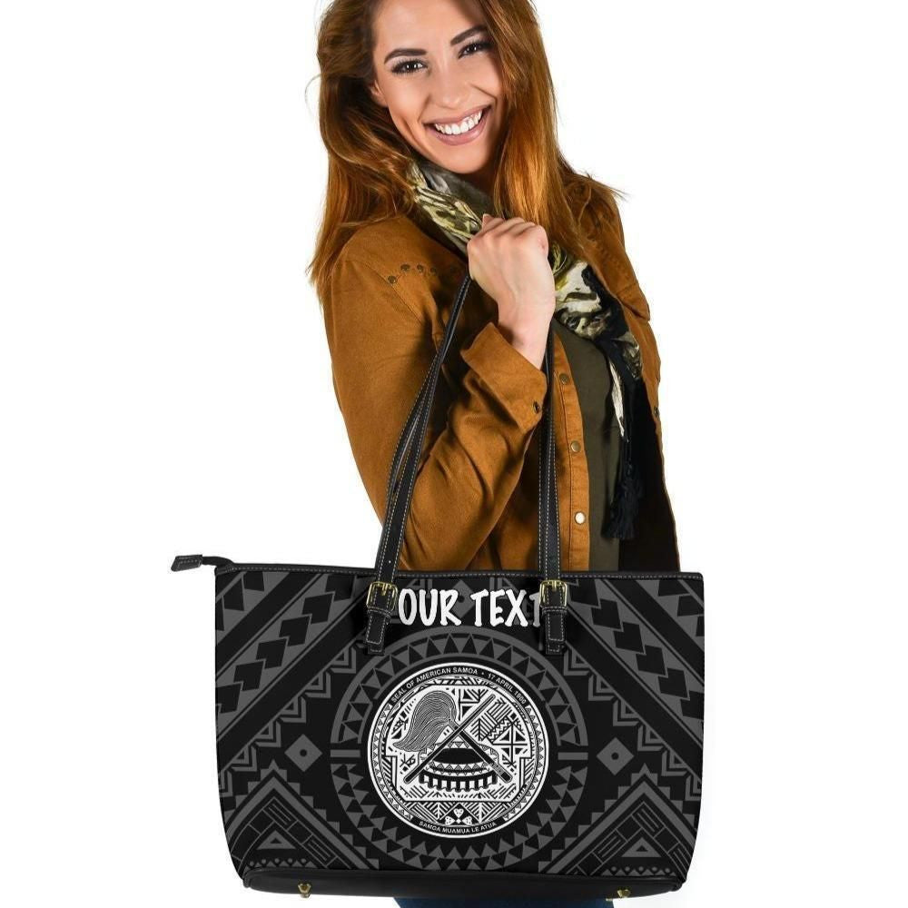 American Samoa Personalised Leather Tote Bag Seal In Polynesian Tattoo Style Black