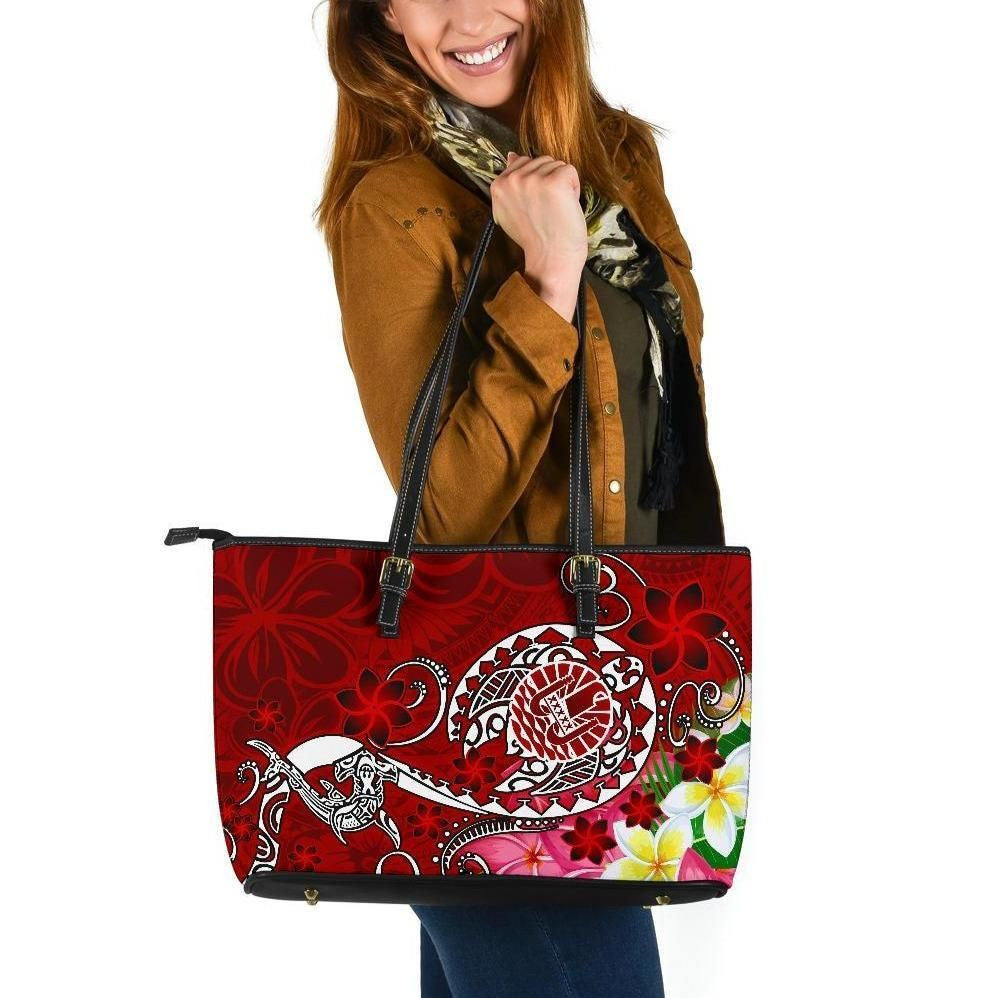Tahiti Leather Tote Bags Turtle Plumeria Red