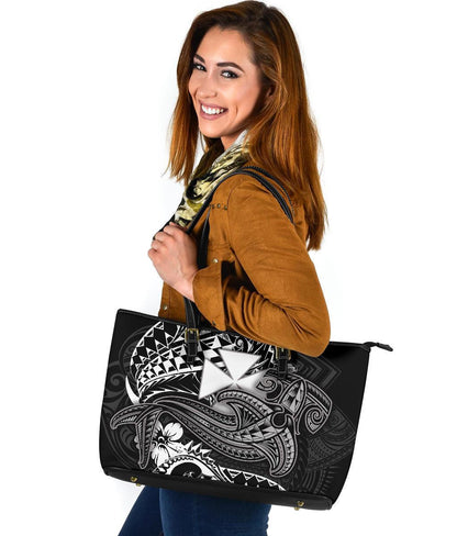 Wallis And Futuna Leather Tote Bag White Shark Polynesian Tattoo