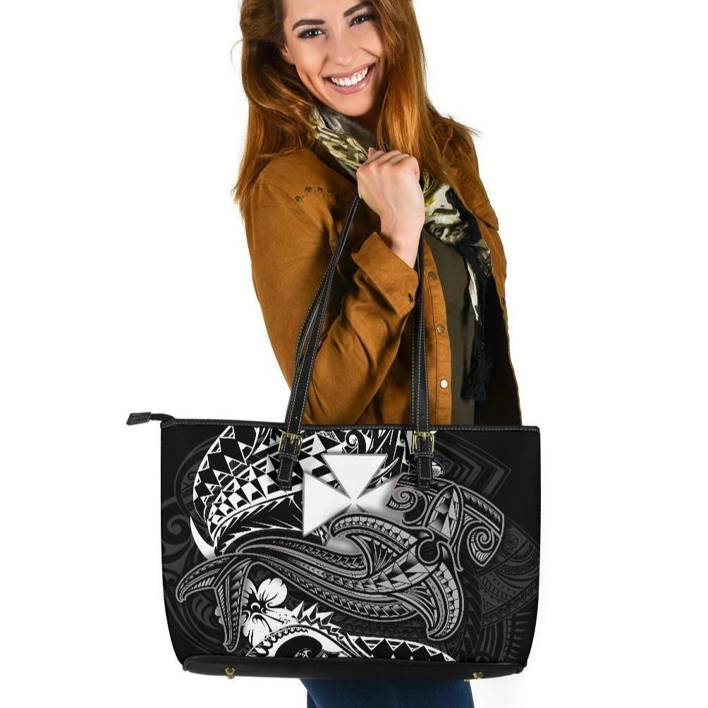 Wallis And Futuna Leather Tote Bag White Shark Polynesian Tattoo
