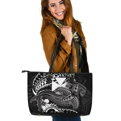 Wallis And Futuna Leather Tote Bag White Shark Polynesian Tattoo