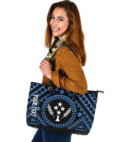 Kosrae Personalised Leather Tote Bag Kosrae Flag In Polynesian Tattoo Style Blue