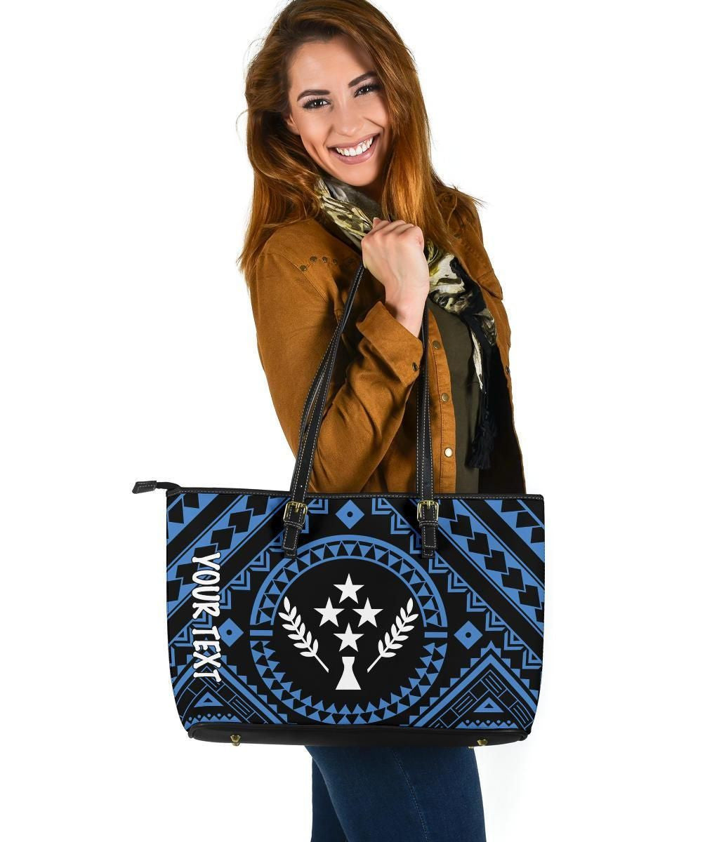 Kosrae Personalised Leather Tote Bag Kosrae Flag In Polynesian Tattoo Style Blue
