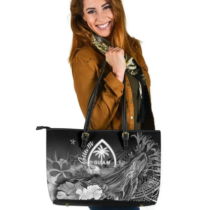 Guam Leather Tote Bag Humpback Whale With Tropical Flowers White