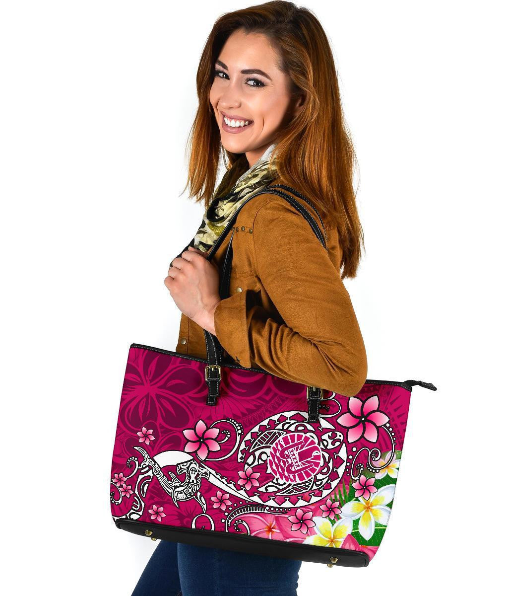 Tahiti Leather Tote Bag Turtle Plumeria Pink