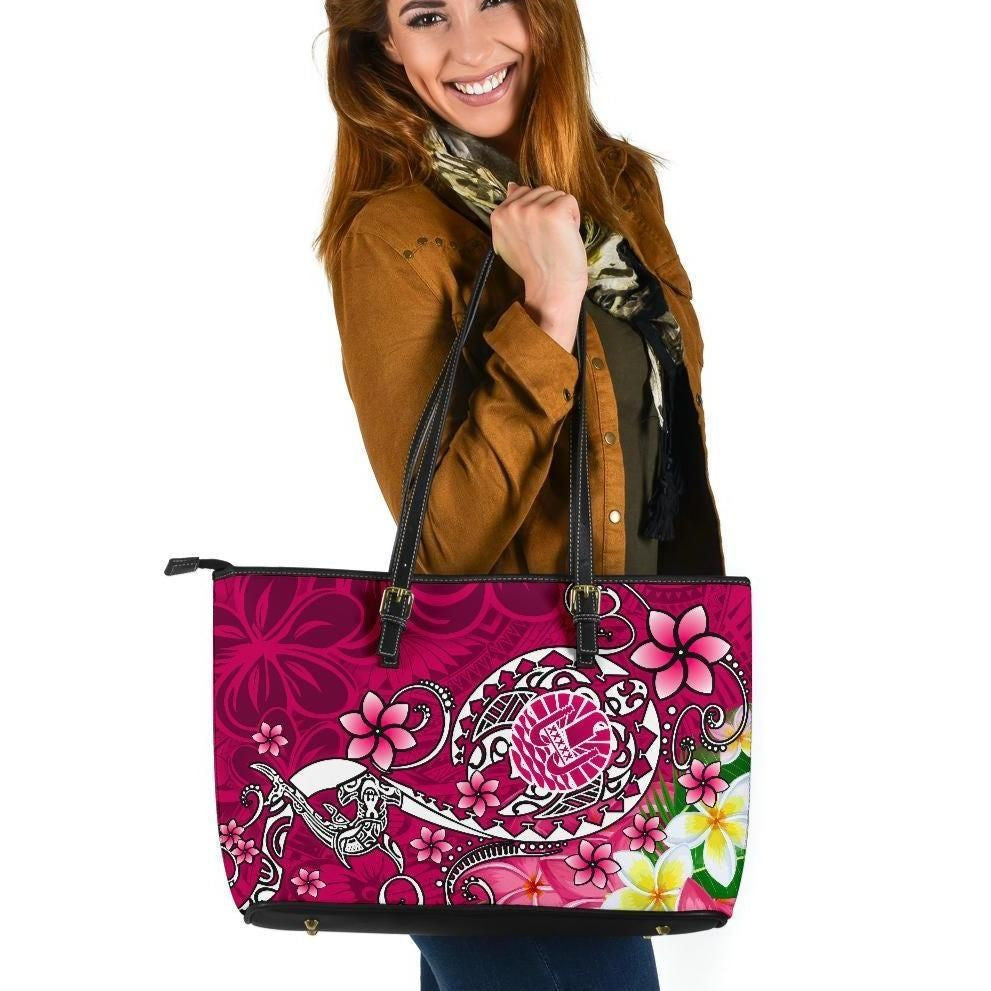 Tahiti Leather Tote Bag Turtle Plumeria Pink