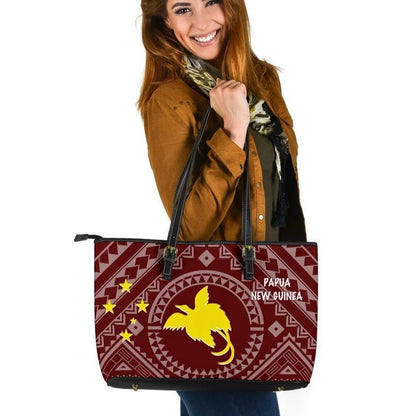 Papua New Guinea Leather Tote Bags Flag With Polynesian Patterns Red