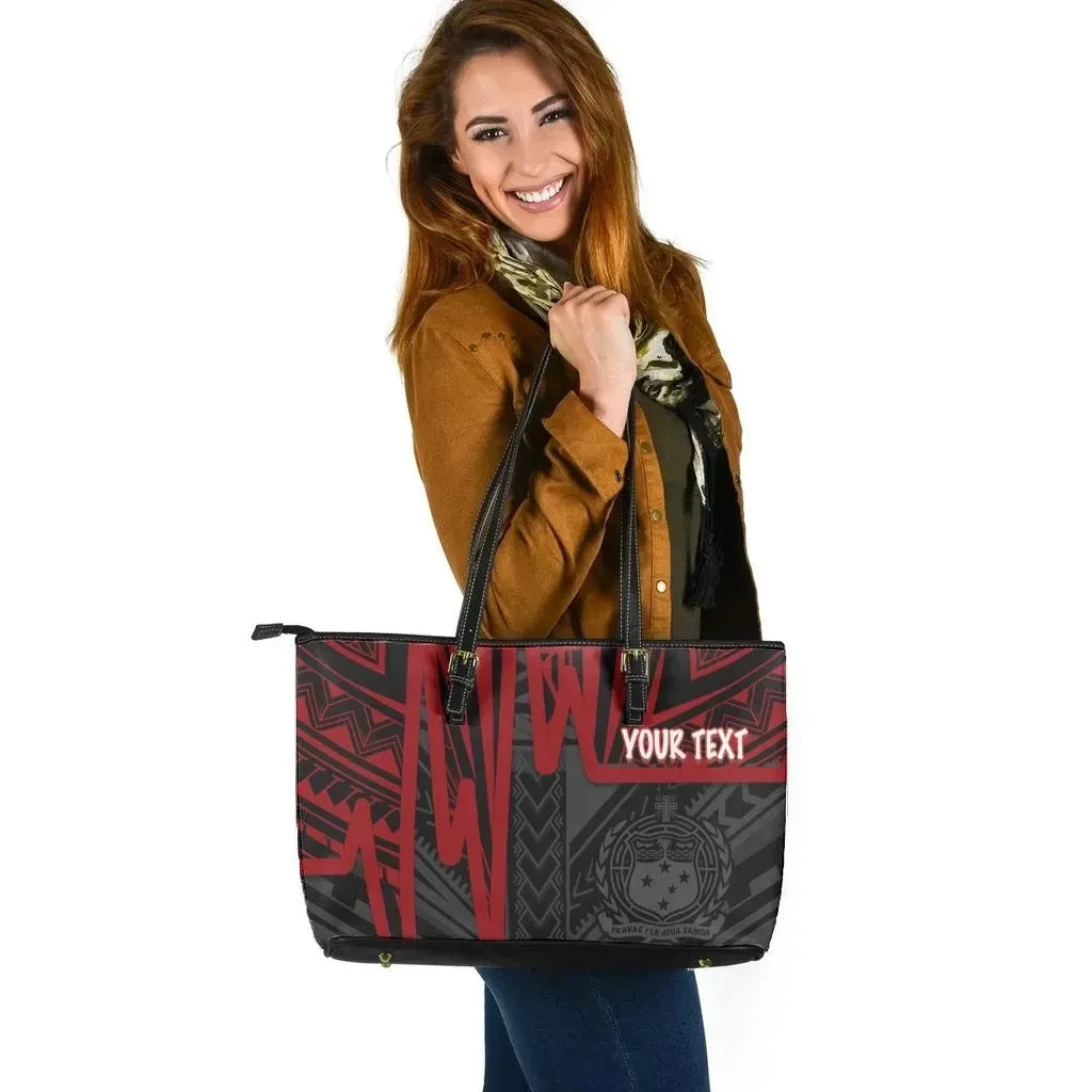 Samoa Personalised Leather Tote Bag Samoa Coat Of Arms With Polynesian Pattern In Heartbeat Style Red