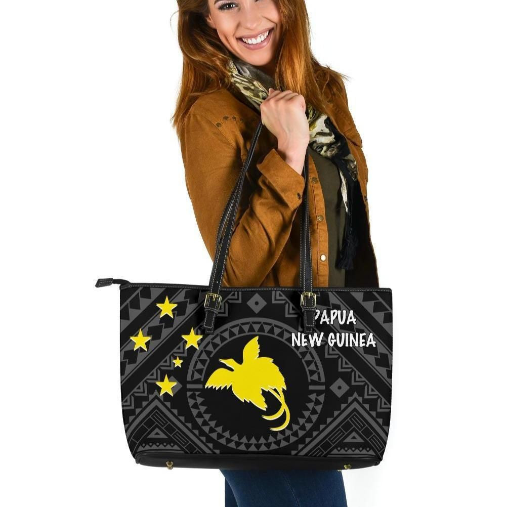 Papua New Guinea Leather Tote Bags Flag With Polynesian Patterns Black