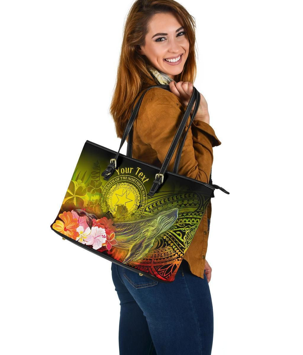 Cnmi Custom Personalised Leather Tote Bag Humpback Whale With Tropical Flowers Yellow