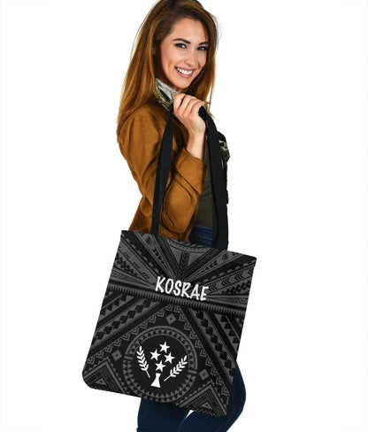 Kosrae Leather Tote Bag Kosrae Flag In Polynesian Tattoo Style Black