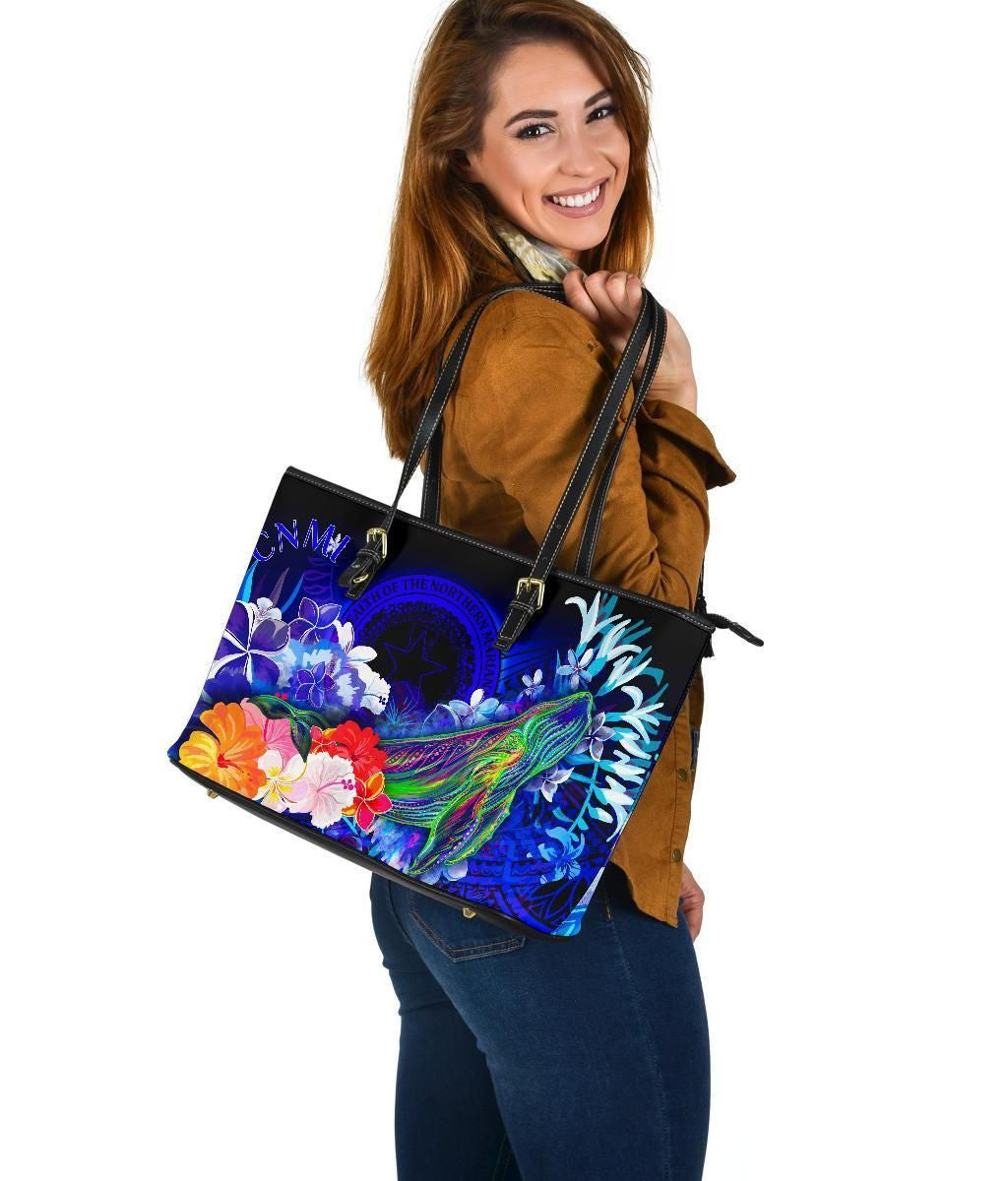 Cnmi Leather Tote Bag Humpback Whale With Tropical Flowers Blue