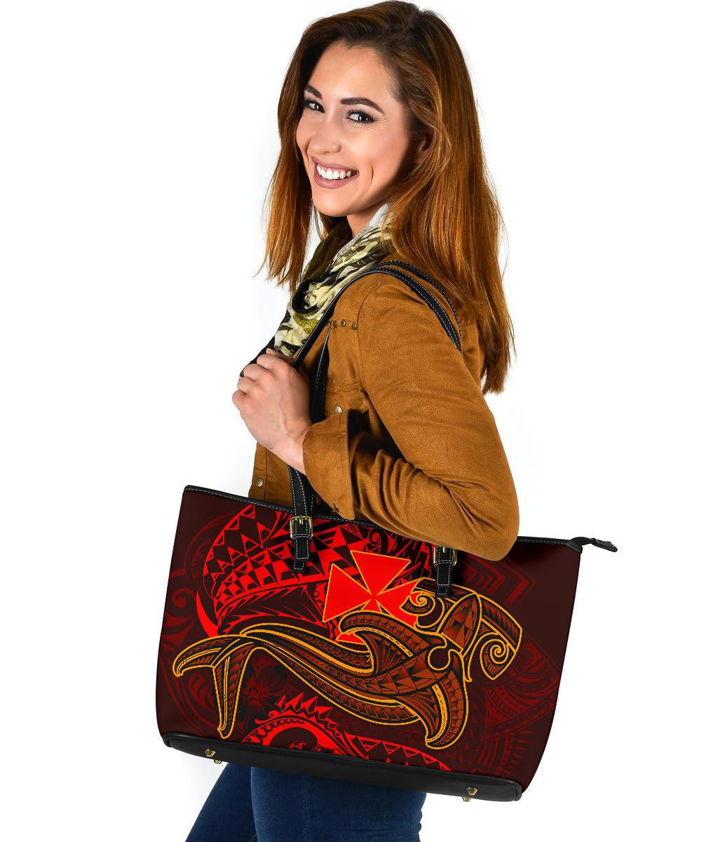 Wallis And Futuna Leather Tote Bag Red Shark Polynesian Tattoo