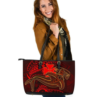 Wallis And Futuna Leather Tote Bag Red Shark Polynesian Tattoo