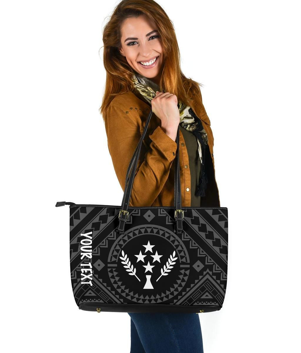 Kosrae Personalised Leather Tote Bag Kosrae Flag In Polynesian Tattoo Style Black