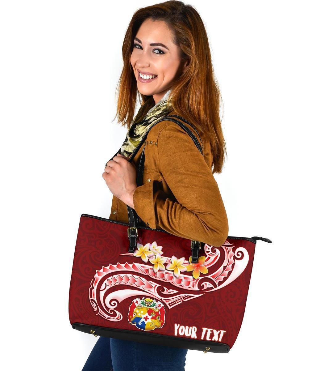 Tonga Personalised Leather Tote Bag Tonga Coat Of Arms With Polynesian Patterns