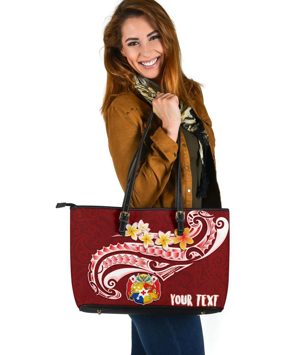 Tonga Personalised Leather Tote Bag Tonga Coat Of Arms With Polynesian Patterns